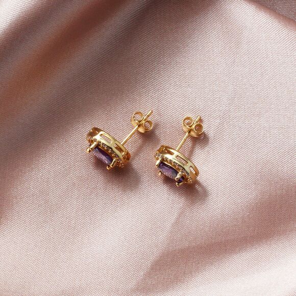925 Sterling Silver CUBIC ZIRCONIA STUDS, Purple Stone Stud Earrings - Picture 3 of 10